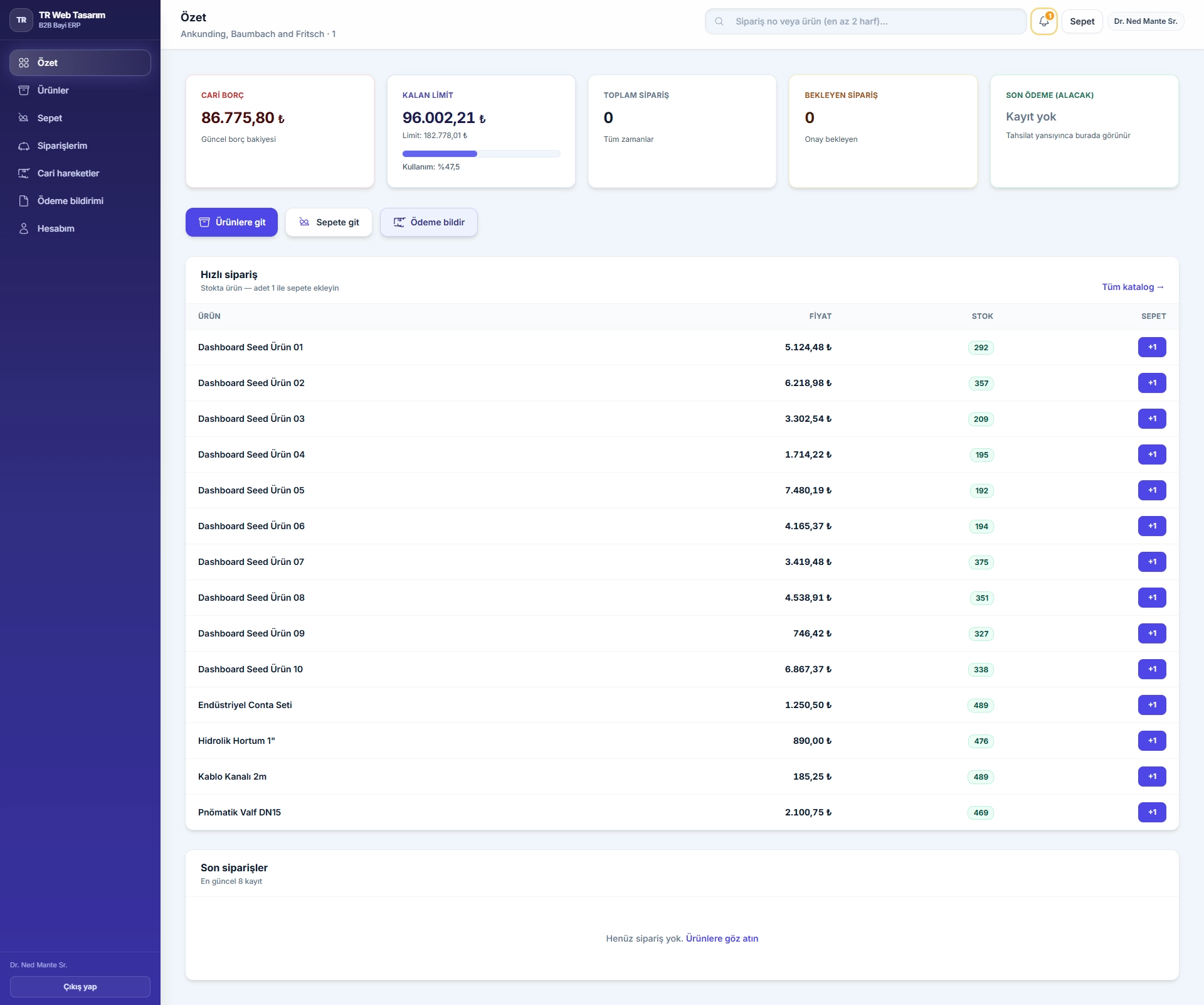 B2B bayi sipariş yazılımı bayi paneli ekran görüntüsü — online sipariş ve cari görünümü.