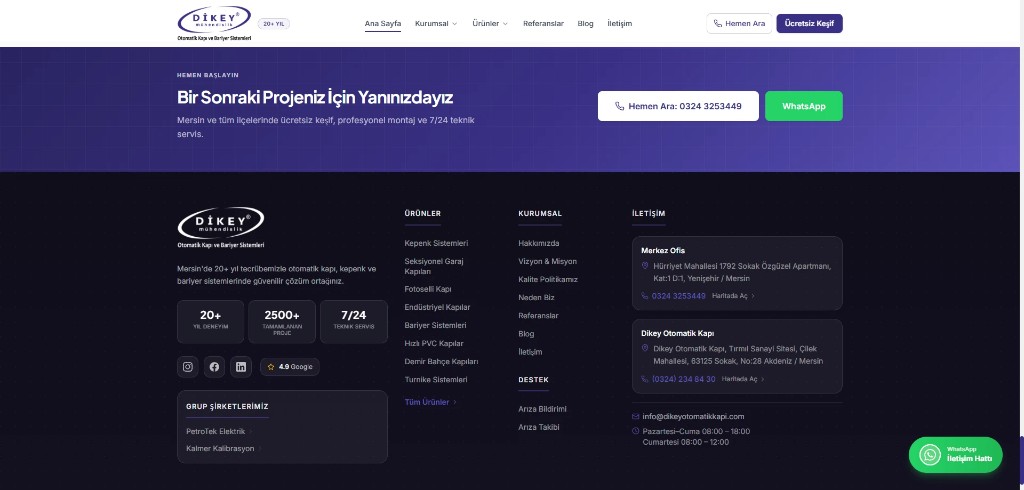 Otomatik kapı firması web sitesi iletişim CTA ve kurumsal footer