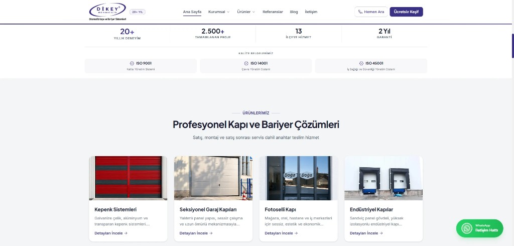 Otomatik kapı firması web sitesi ürün kategorileri — kepenk, garaj kapısı, fotoselli ve endüstriyel kapı