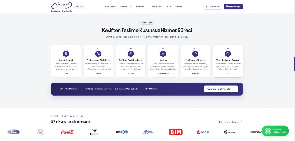 Otomatik kapı firması web sitesi keşiften teslime hizmet süreci ve kurumsal referans logoları
