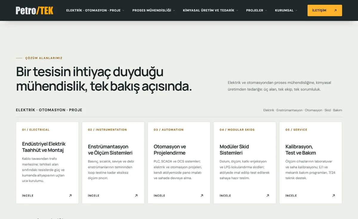 Endüstriyel elektrik ve otomasyon firması web sitesi çözüm alanları — elektrik taahhüt, enstrümantasyon, otomasyon, skid ve kalibrasyon kartları