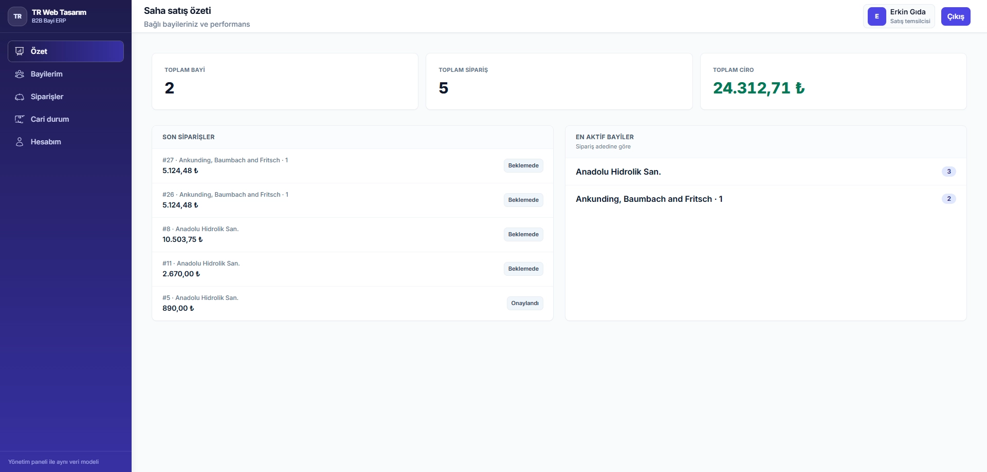 Bayi sipariş sistemi satış temsilcisi paneli ekran görüntüsü.